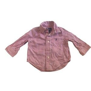 Ralph Lauren Baby Shirt 9M Red White Stripe Long Sleeve Button Down Cotton Top
